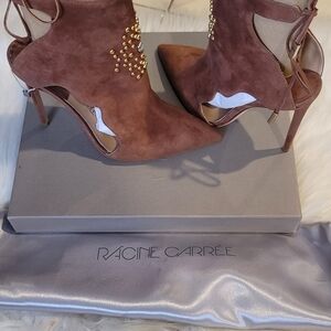 Brown Suede Heels with Gold Accents